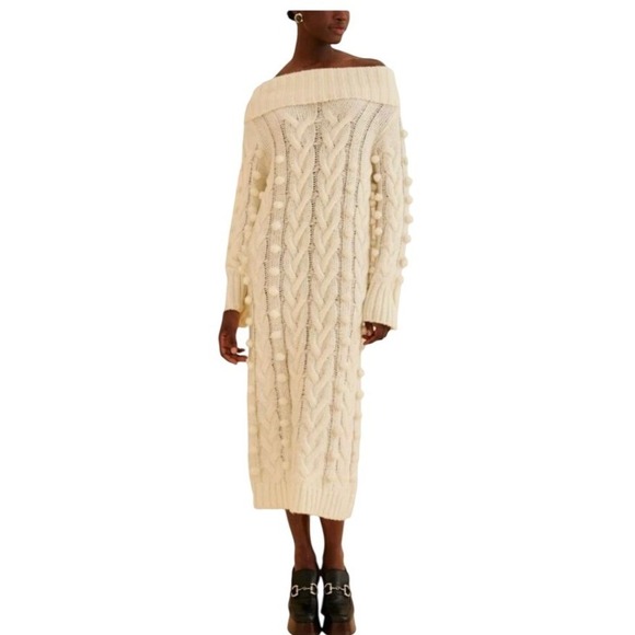 FARM Rio Dresses & Skirts - Farm Rio NWT SZMED Chunky Cable Knit PomPom Sweater Dress Cream Convertible Neck